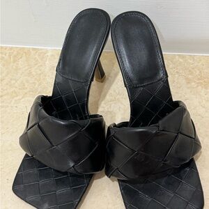 Square Toe Woven Black Women's Heeled Sandals